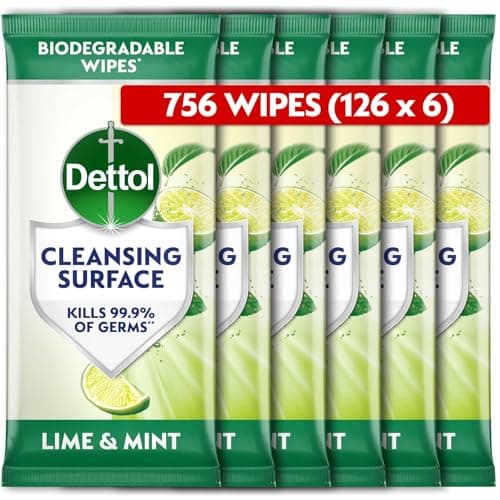 Image of Dettol Antibacterial Biodegradable Disinfectant Wipes, Lime Mint Scent, 6 X 126 Multipack (Total 756), Effective Mould Mildew Remover, Ideal For Home Cleaning