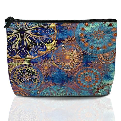 Image of BIGXIUKA Makeup Bag Banana Leaves Cosmetic Bags for Women Mini Portable Tropical Flowers Travel Toiletry Bag Organizer Make up Brushes Aesthetic Accessories Waterproof Storage Bags, Blue Gold Mandala