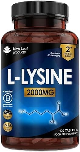 Image of L-Lysine Tablets 2000mg - High Strength Lysine Nutritional Supplements - Essential Amino Acid L Lysine - 120 Vegan Lysine Tablets 2 Month Supply Made in The UK By New Leaf