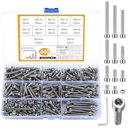 Image of 440 Pcs M4 Bolts and Nuts Sets, 304 Stainless Steel Hex Socket Button Head Cap Screws Bolts Nuts Assortment Kit, Hex Socket Machine Screws with 2 Pcs Wrenches