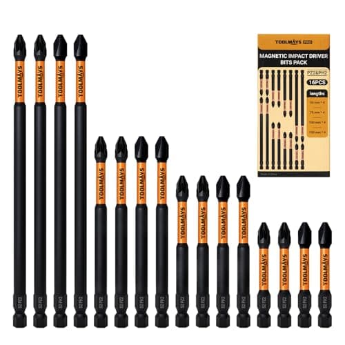 Image of TOOLMAYS 16PCS PH2 & PZ2 Magnetic Impact Driver Bits, 4 x 50mm/75mm/100mm/150mm, Long Pozidriv Screwdriver Bit Sets Heavy Duty, S2 Steel Magnetic Screwdriver Bits
