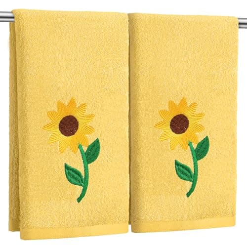 Image of SmoothNovelty 2 Pcs Sunflowers Hand Towels Bright Yellow Bathroom Decor 14x29 Inch Embroidered 100% Cotton Soft Absorbent Spring Summer Decorative Hand Towels for Bathroom Kitchen