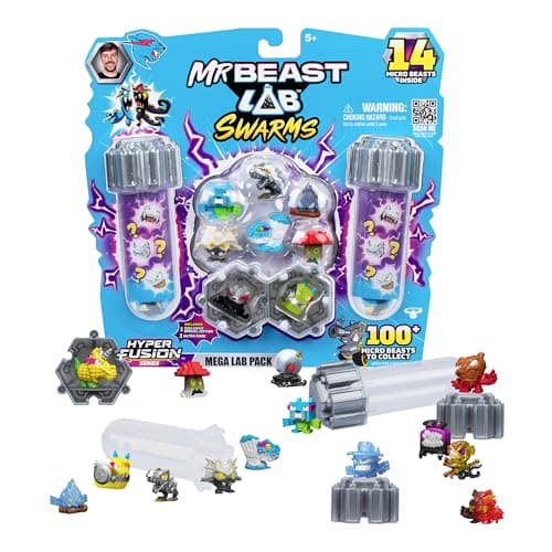 Image of MrBeast Lab Swarms Hyper Fusion Series, Avalanche Globe Collectibles, Collect Over 100 Unique Swarms, Mega Lab Pack with 14 Micro Beasts, 14 Stickers & 4 Fusion Caps, Fun for Kids & Fans