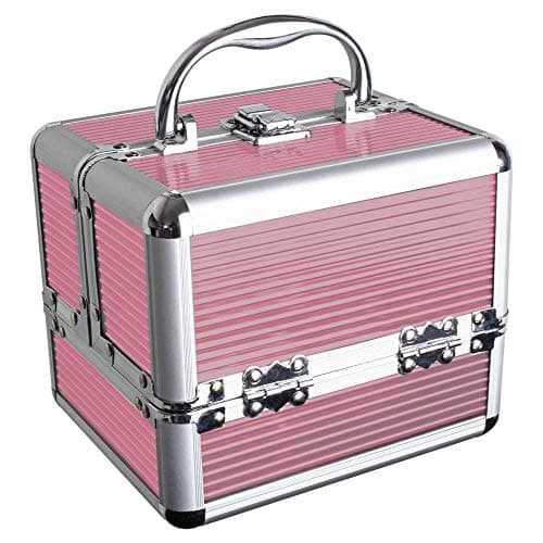 Image of iGadgitz Home U7036 - Aluminium Make Up Case, Cosmetic Case, Hard Vanity Case, Make Up Box, Beauty Case - 4 x Fold Out Trays, Larger Bottom Compartment & Carry Handle - Pink - Small