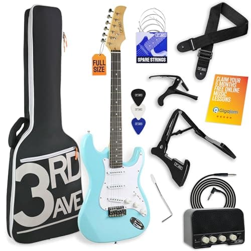 Image of 3rd Avenue Full Size 4/4 Electric Guitar Pastel Blue with Amp, Cable, Stand, Padded Bag, Strap, Spare Strings, Picks, Capo, Whammy Bar, Online Lessons – Light Blue