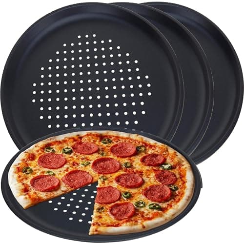 Image of GEEZY Large Non-Stick Pizza Baking Tray 32cm (12.5") - Set of 4, Round Carbon Steel, Perforated Holes, Dishwasher, Fridge, Freezer Safe - Pizza Pan & Plate for Oven, Flatbread, Family Meals