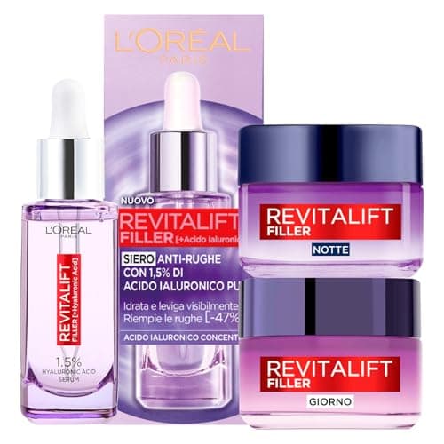 Image of L'Oréal Paris Revitalift Filler Kit Hydrating Plumping Anti-Wrinkle Serum 30ml + Replumping Anti-Ageing Day Treatment 50ml + Revolumizing Night Face Treatment with Hyaluronic Acid 50ml
