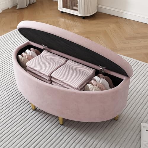 Image of ModernLuxe Ottoman Storage Bench, Upholstered Velvet Blanket Box, End of Bed Storage Bench with Metal Legs, Footstool with Storage, Suitable for Hallway, Living Room, Bedroom, 90x40x42cm, Pink