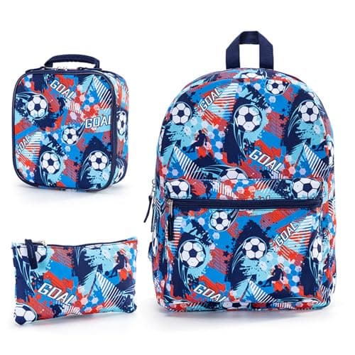 Image of DOTBUY-SHOP Kids Backpack Set with Lunch Tote and Pencil Case, Football Print School Backpack, Boys Girls Toddler Primary School Bags, Tear-Resistant Student Daypack - Blue- 3 Piece Set