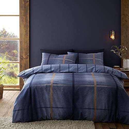 Image of Catherine Lansfield Brushed Cotton Melrose Tweed Check Reversible Double Duvet Cover Set with Pillowcases Blue