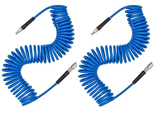 Image of YOTOO 2 Pcs Air Compressor Hose Polyurethane Recoil 10m Long 6mm ID x 9.5mm OD with Bend Restrictor, 1/4" Europe Quick Coupler and Plug, Blue