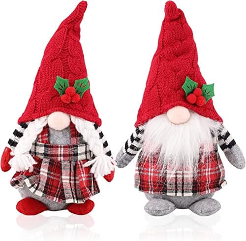 Image of KAHEIGN 2Pcs Christmas Gnome Plush Doll, Red Plaid Handmade Knitted Plush Gnomes Sitting Gonk Dwarf Elf Doll for Xmas Fireplaces Office Christmas Party Decor (27cm x 14cm)