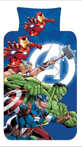 Image of Marvel Avengers Single Duvet Cover Set – Reversible Superhero Bedding for Kids – Official Marvel – Polycotton 52% Cotton 48% Polyester – Blue – UK Size (Single)