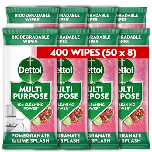 Image of Dettol Antibacterial Multipurpose Cleaning Biodegradable Wipes, Pomegranate and Lime, 400 (50 x 8pck) Disinfectant, Home Hygiene, Kills 99.9 Percent of Germs