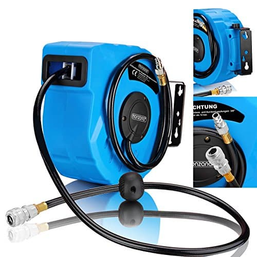 Image of MONZANA® 10 Metre Retractable Air Compressor Hose Reel - 10m Airline for Sand Blasters, Air Compressor Accessories and Tools, Automatic Retractable Hose Reel Wall Mounted