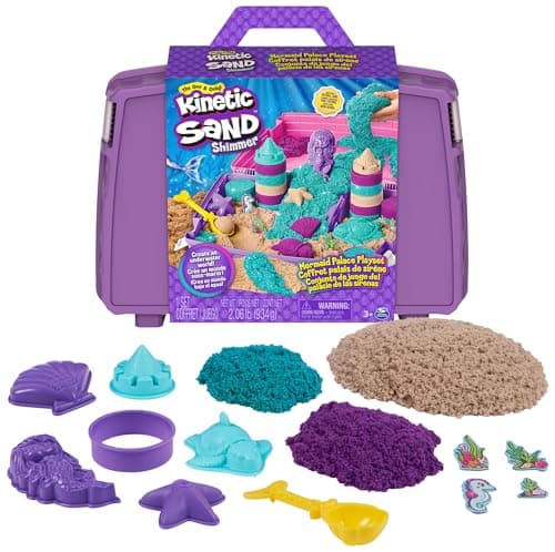 Image of Kinetic Sand, Mermaid Palace Playset, 2.06lbs of Shimmer Play Sand (Neon Purple, Shimmer Teal, and Beach Sand), Reusable Folding Sandbox and Tools, Sensory Toys for Kids Ages 3 and up