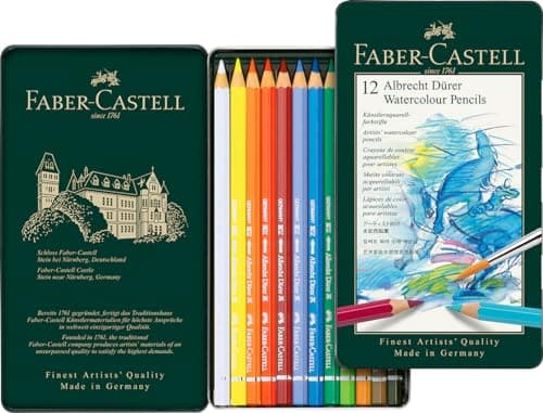 Image of Faber-Castell Art & Graphic Albrecht Dürer Watercolour Pencil, Multicoloured, Tin of 12, Art, Craft, Drawing, Sketching, Home, School, University, Colouring