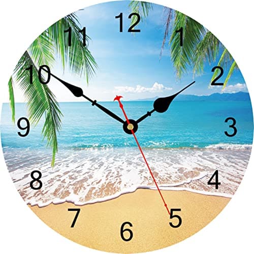 Image of TAHEAT Wall Clock, 12 Inch Beach Sea Clocks, Unusual Silent Non Ticking Wall Clock for Bathroom Living Room Kitchen Bedroom Office