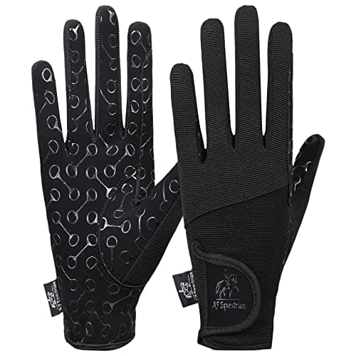 Image of AFE Ladies Horse Riding Gloves Track Fabric Gloves Synthetic Leather Equestrian Black Stretch Fabric Silicone Printed Palms (Small)