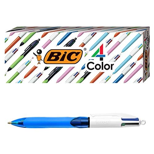 Image of BIC 4-Color Grip Ballpoint Pen, Blue Barrel, Medium Point (1.0mm), Assorted Inks, 3-Count