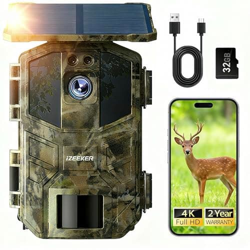 Image of iZEEKER Wildlife Camera with Night Vision Motion Activated, Wildlife Camera WiFi Solar 4K 64MP with 32GB Micro SD Card, Trail Camera 5200mAh Battery 0.1s Trigger IP66 Waterproof Garden Monitoring