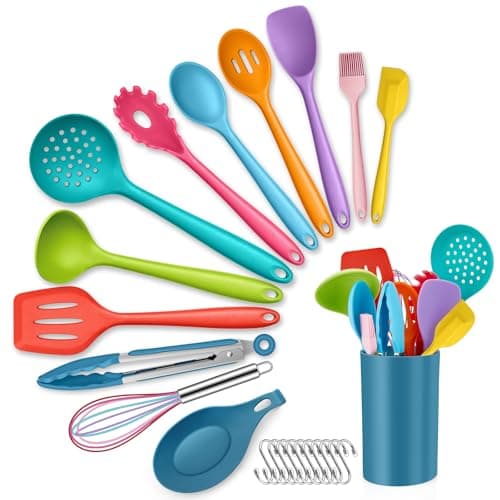 Image of HaWare Kitchen Utensils Set, 13 Piece Silicone Cooking Utensils Set with Holder, Heat Resistant Kitchen Tools Include Turner Spatula Spoon, Non-Stick Cookware Friendly & Dishwasher Safe- Multicolor
