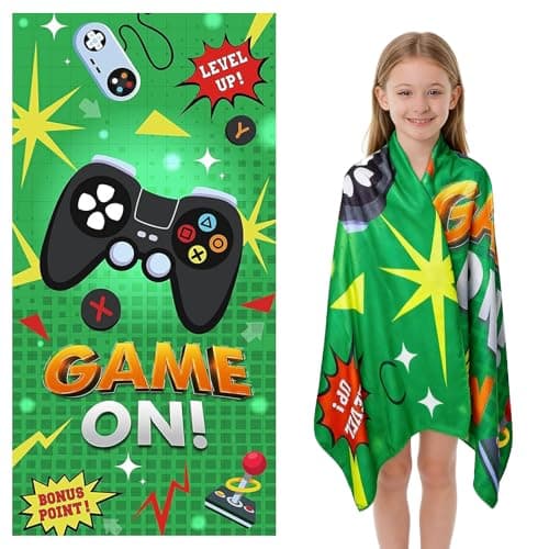 Image of Xheanxu Gaming Kids Beach Towel, 150 x 75 CM Polyester Super Absorbent Towel, Soft Quick Dry Swim Towels for Kid, Sand Free Swim Beach, Perfect Kids SwimTowel for Bathroom Pool Camping Travel (Green)