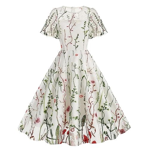 Image of Women Evening Dresses Audrey Hepburn 1950s Dress Lace Floral Embroidered Cocktail Party Dress Elegant A Line Retro Mesh Dresses Swing Flowy Tea Dress Vintage Rockabilly 50s 60s Dance Gown White