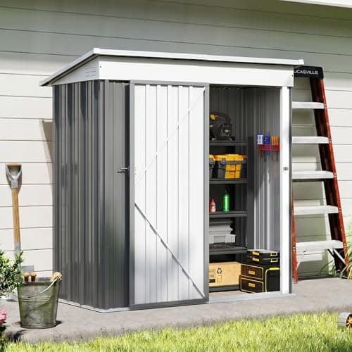 Image of Amopatio Metal Garden Storage Shed 5x3 ft, Small Storage Shed 162x92x182 cm, Outdoor BikeShed Waterproof with Lockable Door for Winter, Backyard, Patio, Garbage Bin, Tools Grey