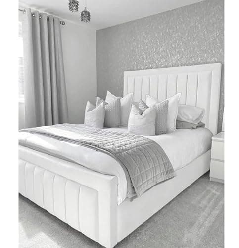 Image of Attock Beds Chesterfield Border Panel Bed Frame - UK made - Double/King/Super King Size Plush Velvet Fabric Upholstered (White Plush, King (U.K. Standard))