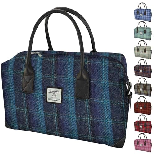 Image of BRAW CLANS TARTANS Genuine Harris Tweed Overnight Bag - Cabin & Underseat Duffle Bag - 45x25x20cm - Unisex Tartan Travel Companion - Hand Luggage - Blue With Turquoise Overcheck