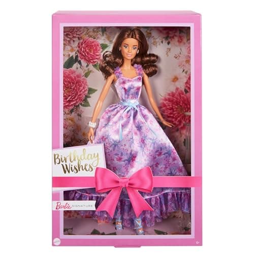 Image of Barbie Signature Birthday Wishes Doll, Collectible in Satiny Lilac Dress with Wavy Brown Hair and Giftable Packaging, HRM55