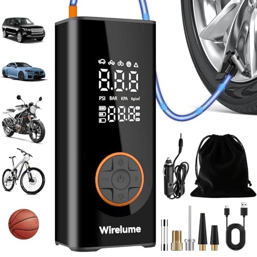 Image of Cordless Tyre Inflator Portable Air Compressor Digital Car Tire Pump DC 12V 150 PSI Electric Air Pump for Vehicle Tyres/Bike/Inflatables with Preset and Auto Shutoff Function/ 4 Nozzles/LED Light