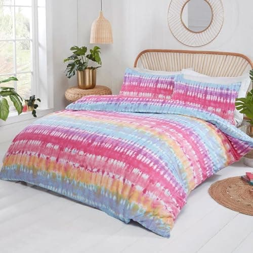 Image of Rapport Home Tie-Dye Duvet Cover Set King - Vibrant Rainbow Multicolour Bedding for Kids & Teens - Soft Polycotton with 2 Pillowcases (230x220cm)