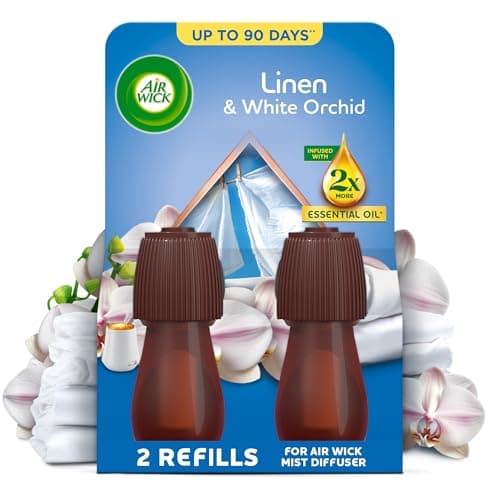 Image of Air Wick Essential Mist Twin Refills, Linen & White Orchid, Pack 2 x 20ml, Natural Essential Oils, Last up to 90 days, Air freshener