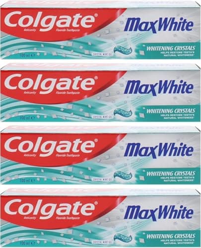Image of Colgate Max White Toothpaste 4 x 100ml with Whitening Crystals Crystal Mint Gel Advanced Stain Removal Toothpaste for Whiter Teeth Fresh Breath & Deep Clean Oral Care Value Pack
