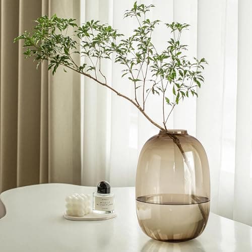 Image of GeLive Brown Glass Vase Round Clear Colored Flower Vase for Centerpiece Long Stem Branch Fresh Artificial Plant Bottle Modern Home Indoor Decoration (Brown)