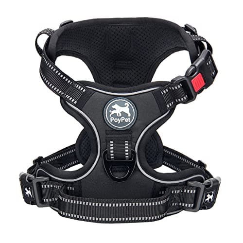 Image of PoyPet No Pull Dog Harness with Neck Release Buckle, Reflective No-Choke Harness with 2 Leash Clip, Adjustable Soft Padded Pet Vest with Easy Control Handle for Medium Dogs (Black,M)