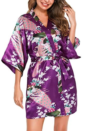 Image of Vlazom Women Kimono Robes Satin Dressing Gown Peacock and Blossoms Nightwear Short Silk Bride Bridesmaid Robe Purple,S