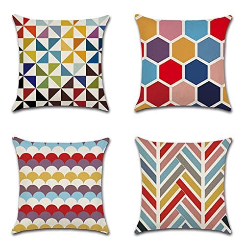Image of JOTOM Cushion Covers Decorative Cotton Linen Throw Pillow Case Sofa Car Pillowcase for Home Bed Decor 45 x 45cm,Set of 4 (Colorful Geometry)