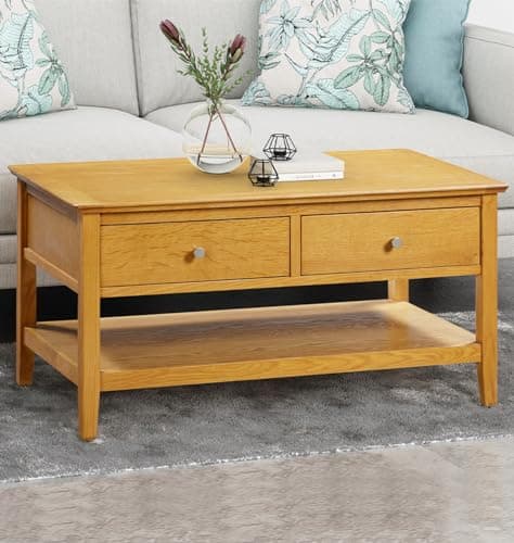 Image of Hallowood Furniture Hereford Light Oak Coffee Table with Drawers & Shelf, Large Rectangular Oak Coffee Tables for Living Room, Ideal as Storage Unit for Lounge Décor or Office Use