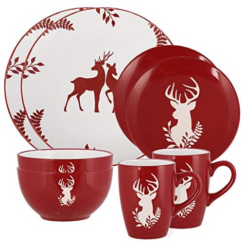 Image of Christmas Crockery 8 Piece Christmas Dinner Set Dishwasher/Microwave Safe Red & White Hand Painted Stoneware Crockery Dinner Service for 2 - Two Place Settings of Mug, Bowl, Side Plate & Dinner Plate