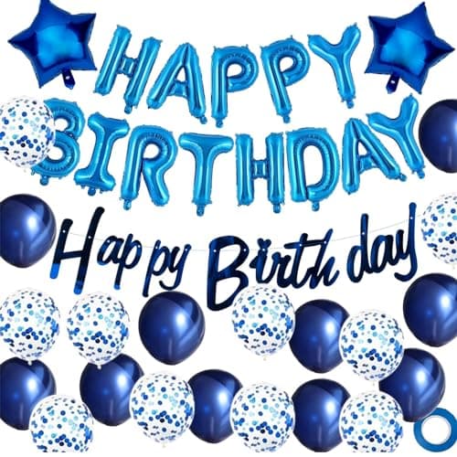 Image of Happy Birthday Decorations Blue Balloons Banner for Boys Men.