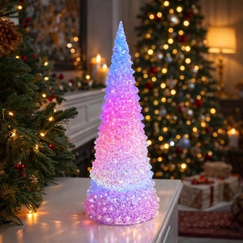 Image of MOMENTS IN TIME Acrylic LED Color Changing Christmas Tree Light-Up Tabletop Decor Battery Operated Holiday Decoration for Home, Office & Mantel Display 12.5”H Multicolor Lights