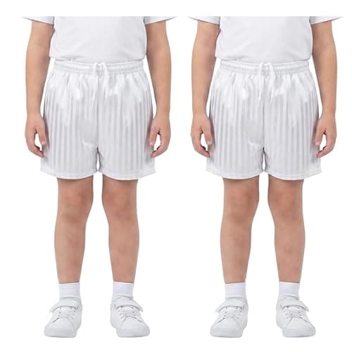 Image of Pack of 2 Unisex PE Shorts Kids Boys Girls Adults School Sports Shadow Stripe Elasticated Waist Drawstring Gym Football Games Uniform Shorts Made in UK White 11-12 Years