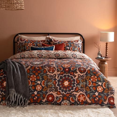 Image of furn. Kinfolk Duvet Cover Set – Reversible Suzani Inspired Floral Geometric Tile Cotton Blend Easy Care Bedding (Denim Blue - King)