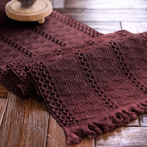 Image of Weldomcor Christmas Table Runner Boho Red Table Runner with Tassels Hand Woven Cotton Table Cover Rustic Farmhouse Christmas Table Decoration for Bohemian Kitchen Dining Table 30 x 180 cm