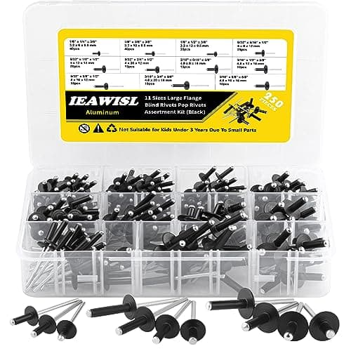 Image of 250PCS Black Large Flange Pop Rivets Set, Aluminium Blind Rivets Assortment Kit with 11 Sizes, Corrosion Resistant Large Head Rivets for Plastic, Wood and Metal Repair, Organiser Case Included