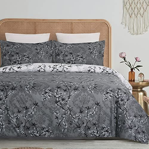 Image of YEPINS Soft Quilt Duvet Cover Set with Zipper Closure and Corner Ties, Branch Floral and Paisley Printed Pattern, Grey and White Reversible Design- Brushed Microfiber Super King Size(260X220CM)