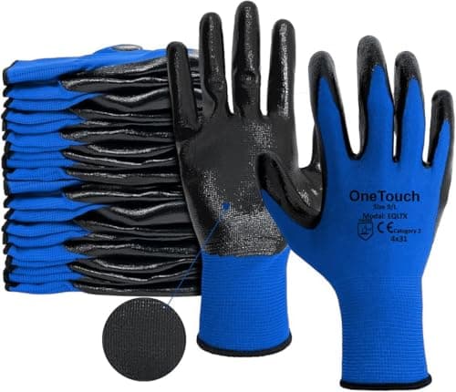 Image of A406 12 Pairs Blue Nitrile coated gloves Work Gloves Smooth Finish Ideal for Builders warehouse workers Gardening 13 guage Breathable High Dexterity (Medium/8)